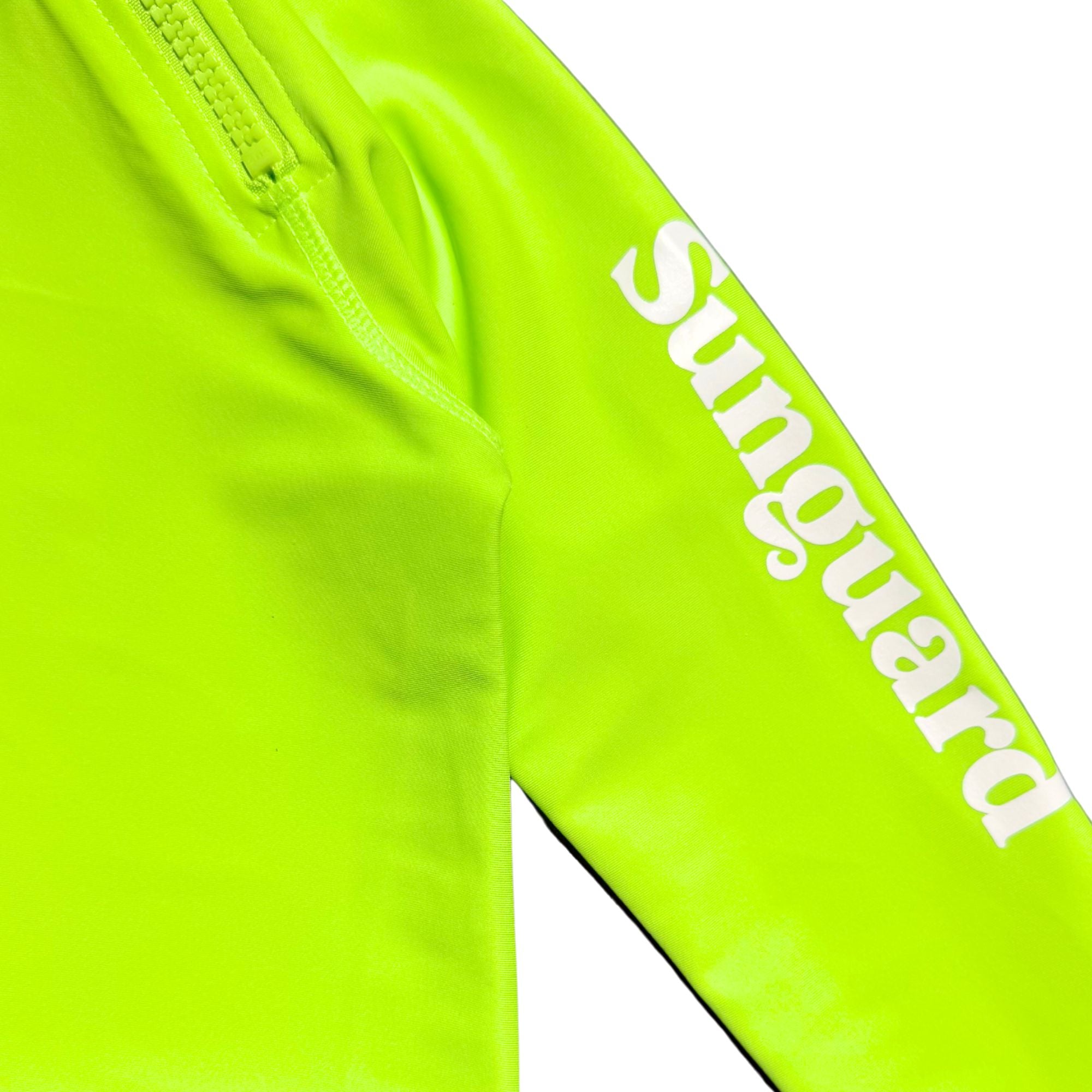 Neon green long-sleeve shirt with 'Sunguard' branding on a white background