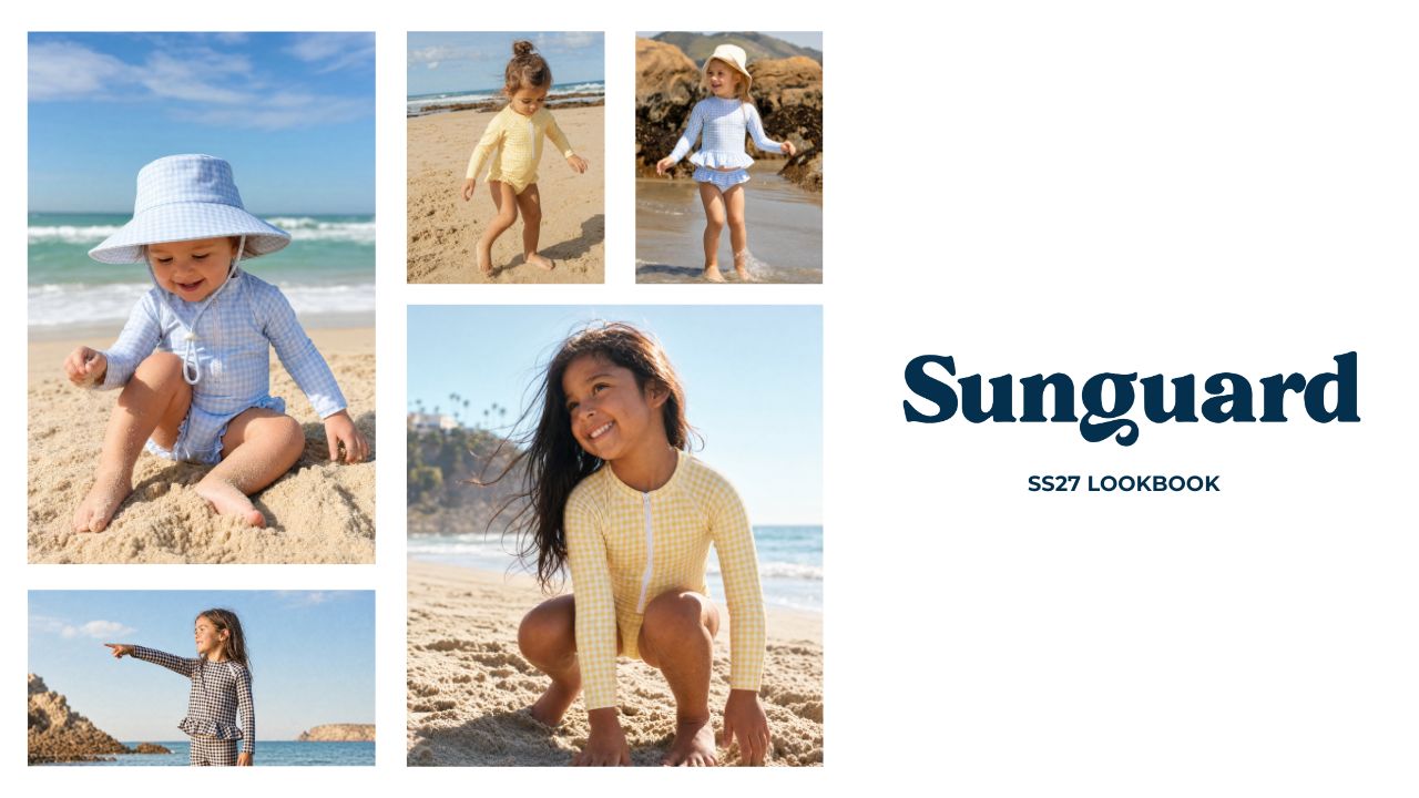 A collage-style lookbook page for Sunguard featuring multiple beach photos of children wearing swimwear and a wide white panel with the text 'Sunguard' and 'SS27 LOOKBOOK'.