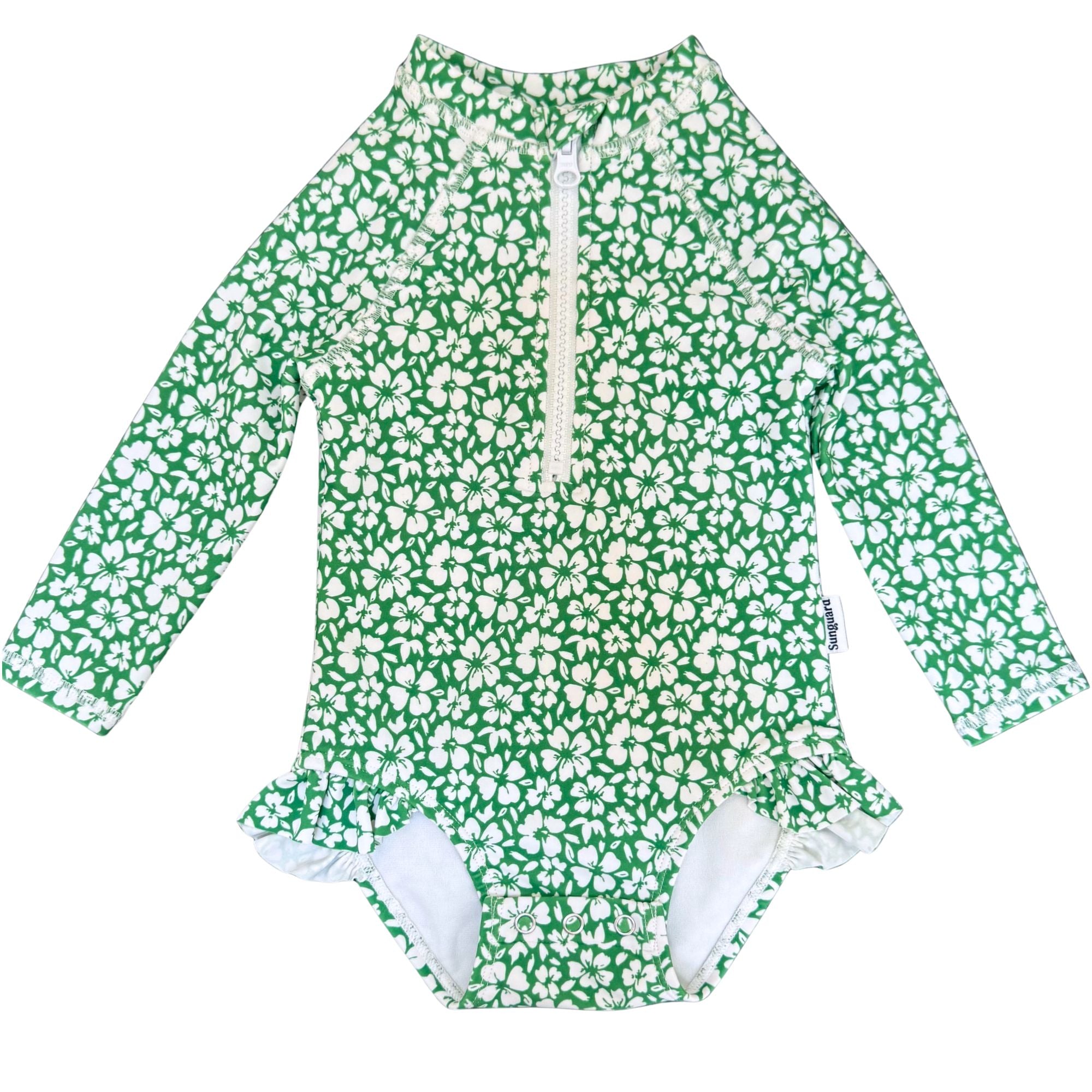 Baby Green Hibiscus UPF 50+ long sleeve sunsuit with front zipper by Sunguard Swim