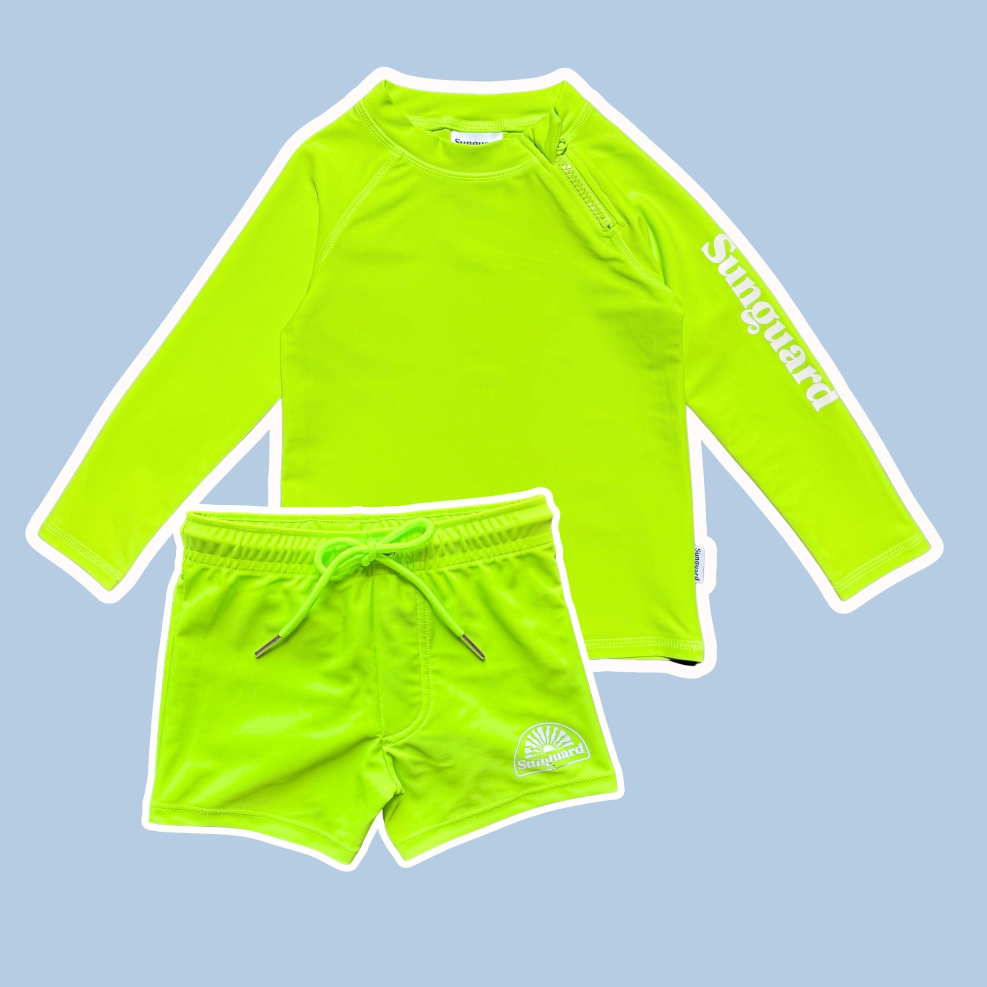 Neon green long-sleeve rash guard and shorts set on a light blue background
