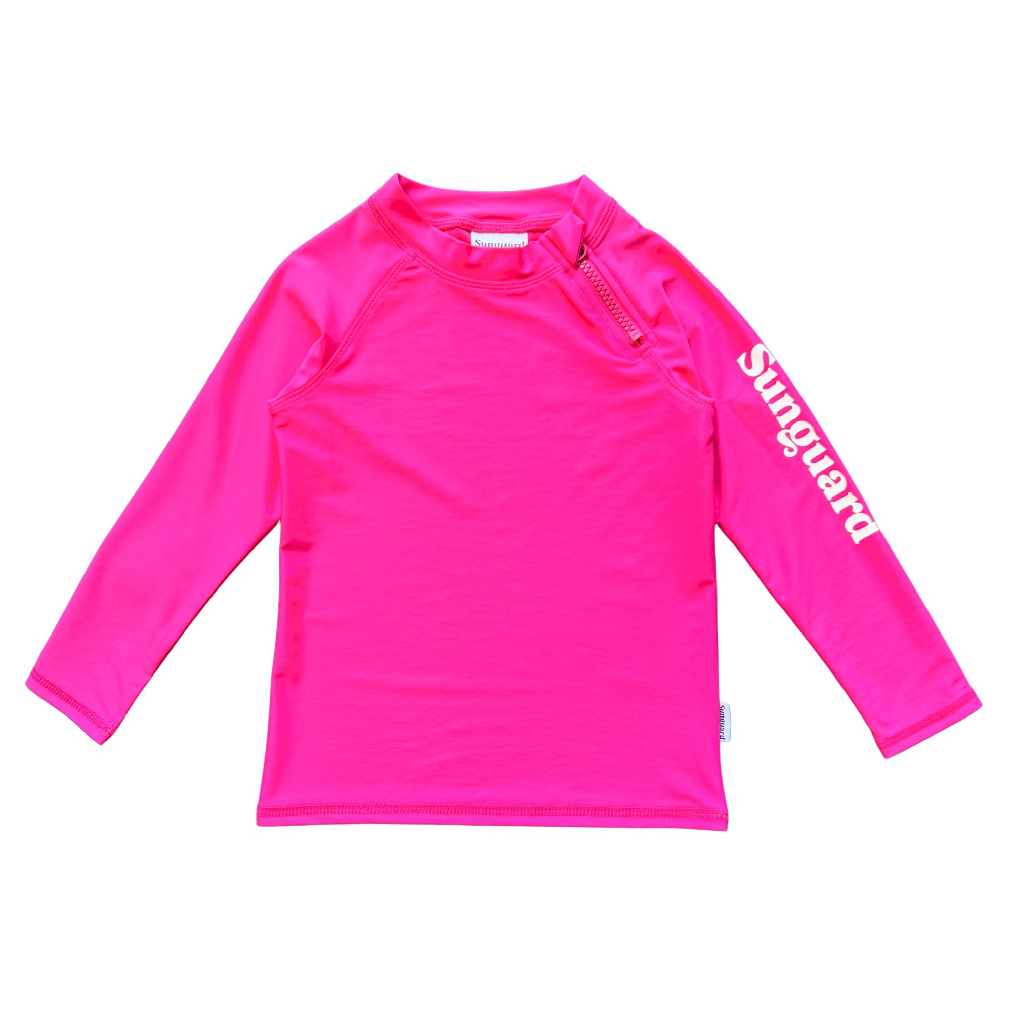 Kids UPF 50+ long sleeve rashguard top in Safety Pink with side zipper